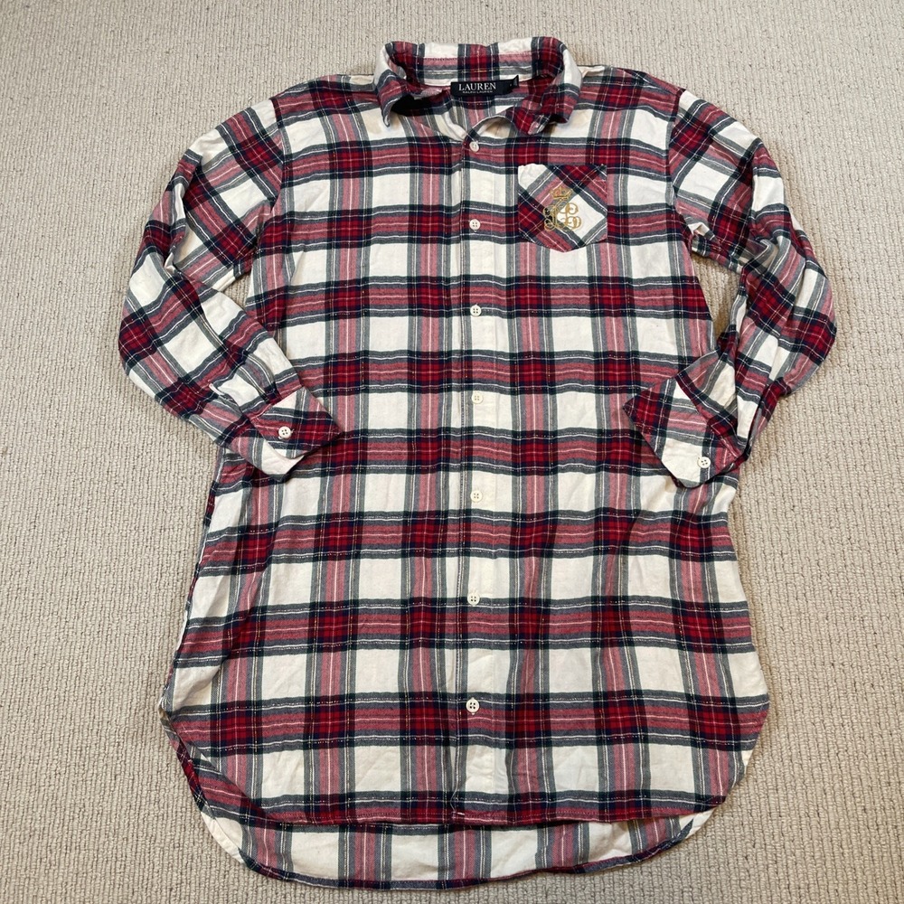 Lauren Ralph Lauren Womens Small Plaid Button-Down Sleep Shirt Flannel